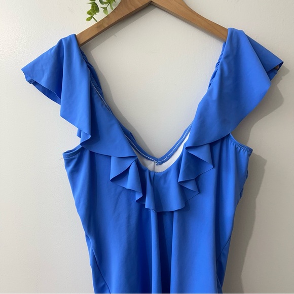 Bal Harbour Blue V-Neck Ruffle One Piece Swim - Picture 3 of 12
